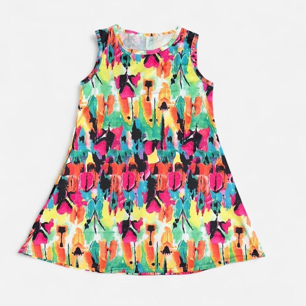 Colorful Splash Print Sleeveless Mini Dress, Size Large